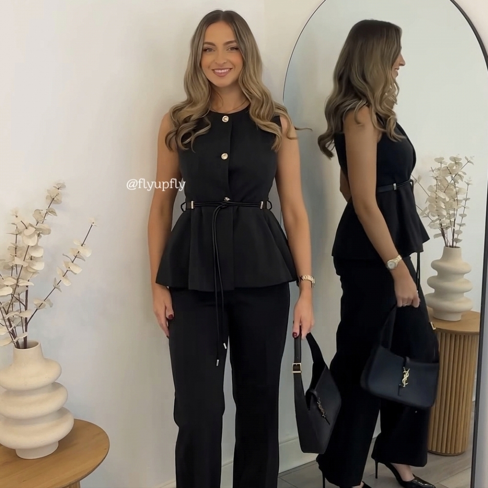 Zara HERRINGBONE PEPLUM VEST WITH BELT Grey Size L